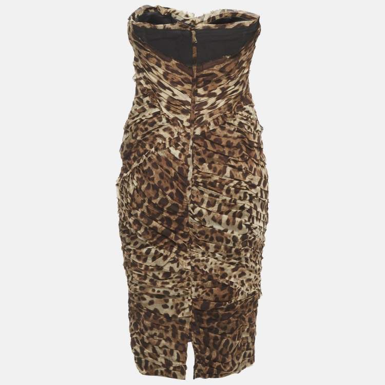 مملوكة مسبقًا Dolce & Gabbana Brown Leopard Print Silk Ruched Strapless Dress M