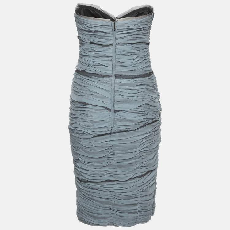 Pre Owned Dolce & Gabbana Ice Blue Silk Ruched Strapless Dress M