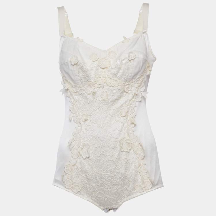 Pre Owned Dolce & Gabbana Cream Silk Blend Lace Detail Bodysuit M