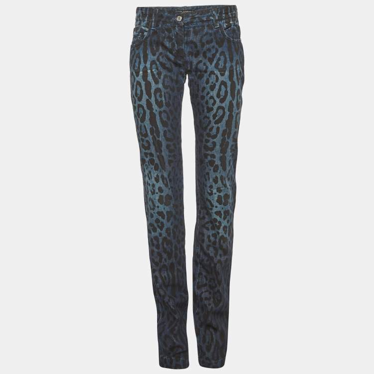 مملوكة مسبقًا Dolce & Gabbana Blue Leopard Print Slim Jeans S/Waist 28"