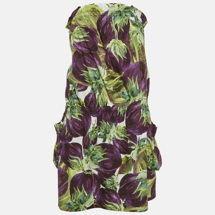 Pre Owned Dolce & Gabbana Green Floral Print Strapless Mini Dress M