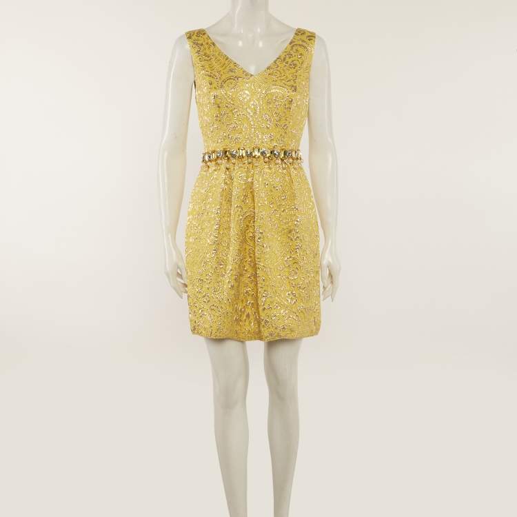 Pre Owned Dolce & Gabbana Yellow Brocade Crystal Embellished Mini Dress M