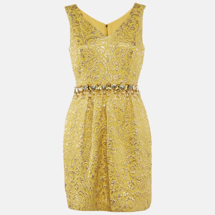 Pre Owned Dolce & Gabbana Yellow Brocade Crystal Embellished Mini Dress M