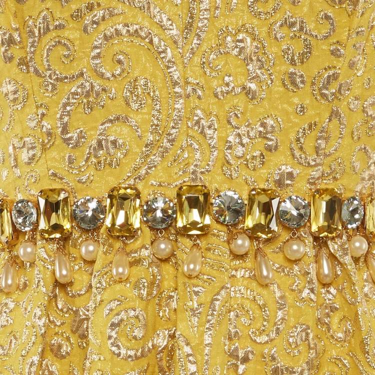 Pre Owned Dolce & Gabbana Yellow Brocade Crystal Embellished Mini Dress M