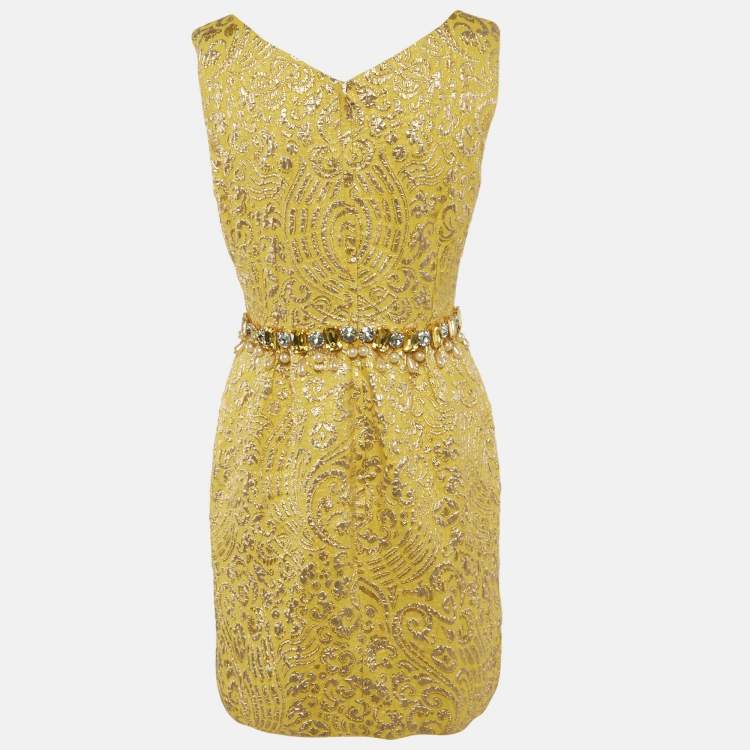 Pre Owned Dolce & Gabbana Yellow Brocade Crystal Embellished Mini Dress M