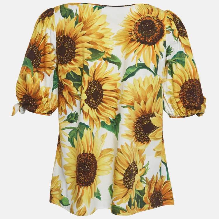 Pre Owned Dolce & Gabbana White/Yellow Sunflower Print Cotton Top M