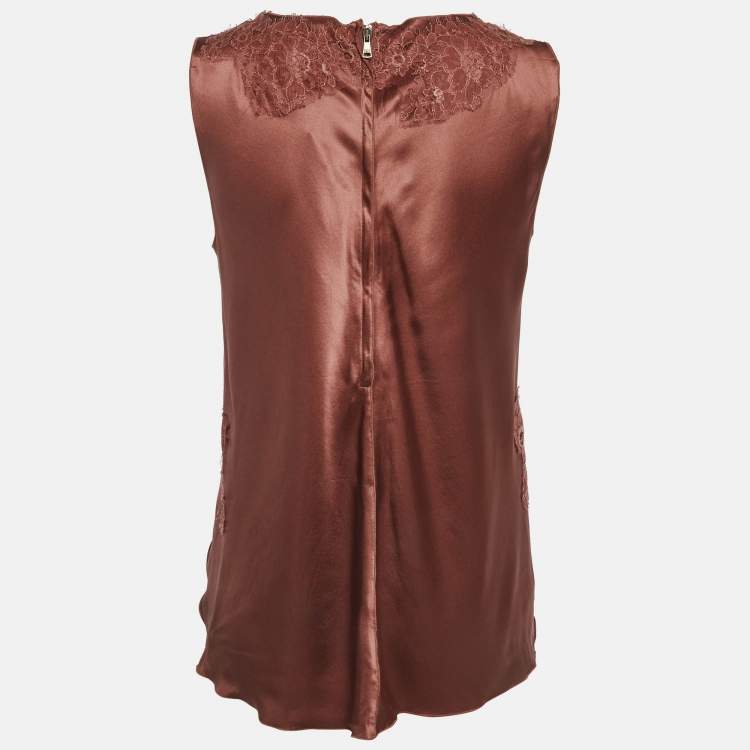 Pre Owned Dolce & Gabbana Brown Satin Lace Detail Top M