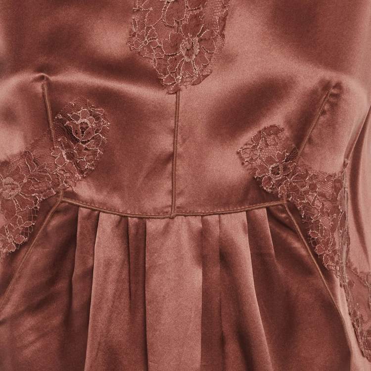 Pre Owned Dolce & Gabbana Brown Satin Lace Detail Top M