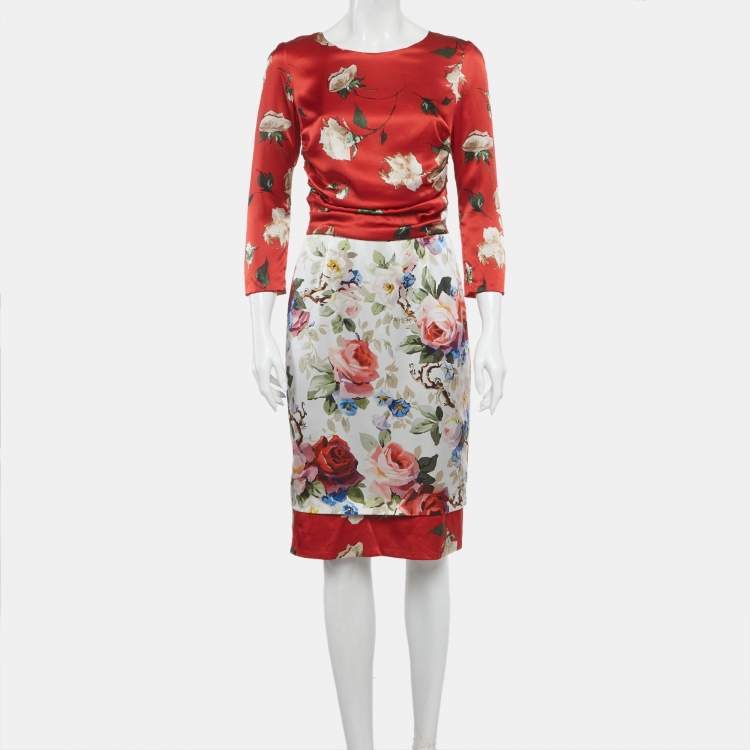 Pre Owned Dolce & Gabbana Red Floral Print Silk Sheath Dress M