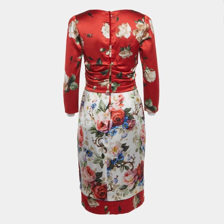 Pre Owned Dolce & Gabbana Red Floral Print Silk Sheath Dress M
