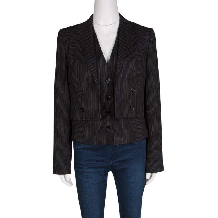Pre Owned Dolce & Gabbana Black Pin Striped Wool Layered Blazer M