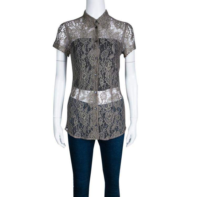 Pre Owned Dolce & Gabbana Khaki Floral Lace Short Sleeve Shirt S