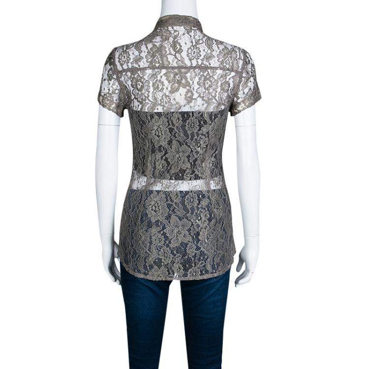 Pre Owned Dolce & Gabbana Khaki Floral Lace Short Sleeve Shirt S