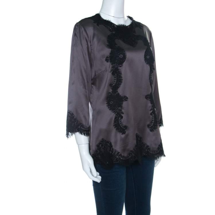 Pre Owned Dolce & Gabbana Grey Satin Scallop Lace Insert Long Sleeve Top L