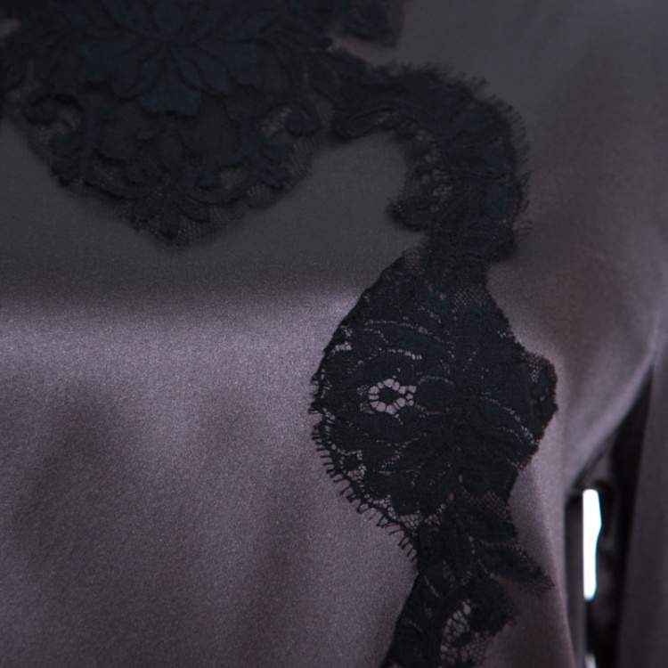 Pre Owned Dolce & Gabbana Grey Satin Scallop Lace Insert Long Sleeve Top L