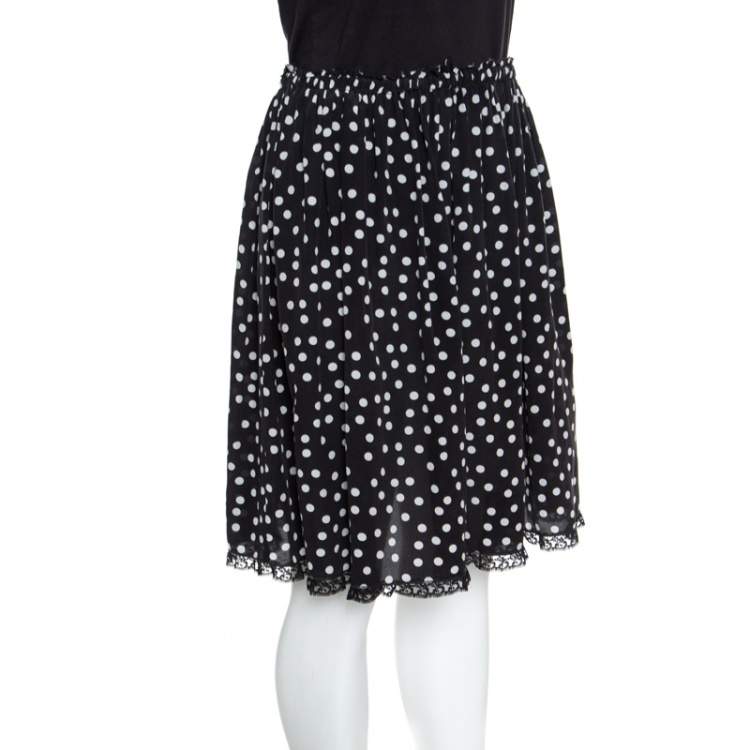 Pre Owned Dolce & Gabbana Monochrome Polka Dotted Lace Trim Silk Skirt M