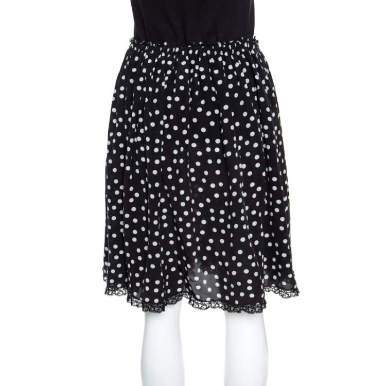 Pre Owned Dolce & Gabbana Monochrome Polka Dotted Lace Trim Silk Skirt M