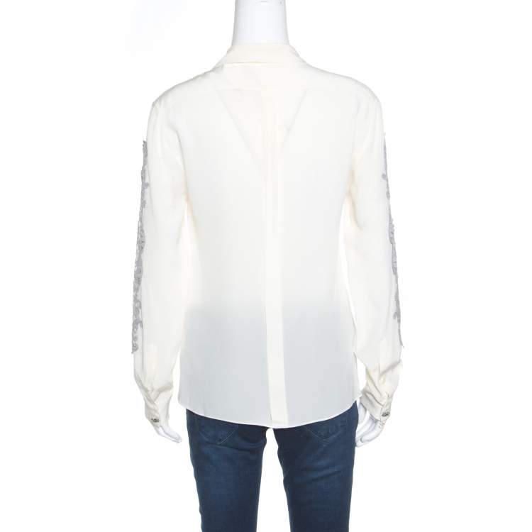 Pre Owned Dolce & Gabbana Cream Silk Lace Applique Bow Tie Detail Blouse S