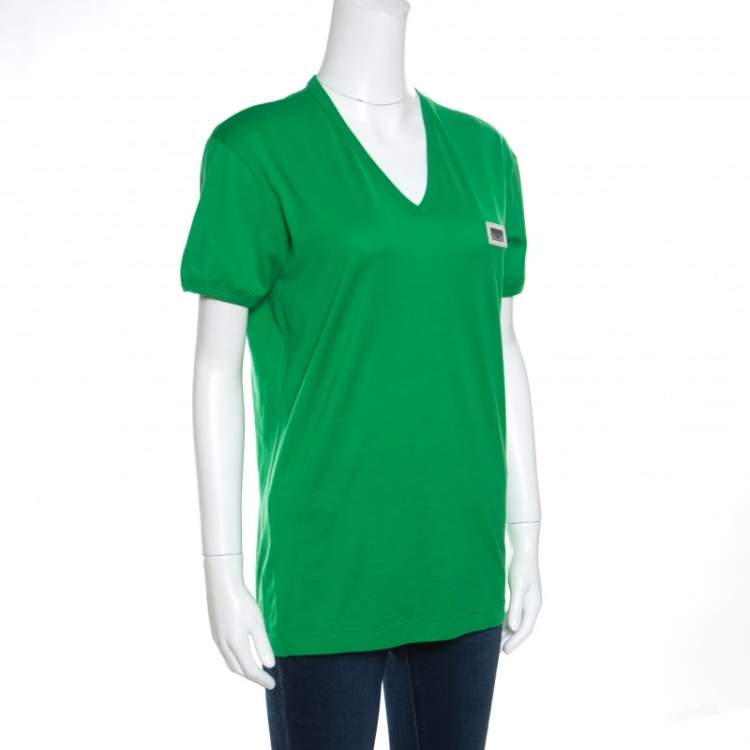 Pre Owned Dolce & Gabbana Parrot Green Cotton Logo Plaque Detail T-Shirt L