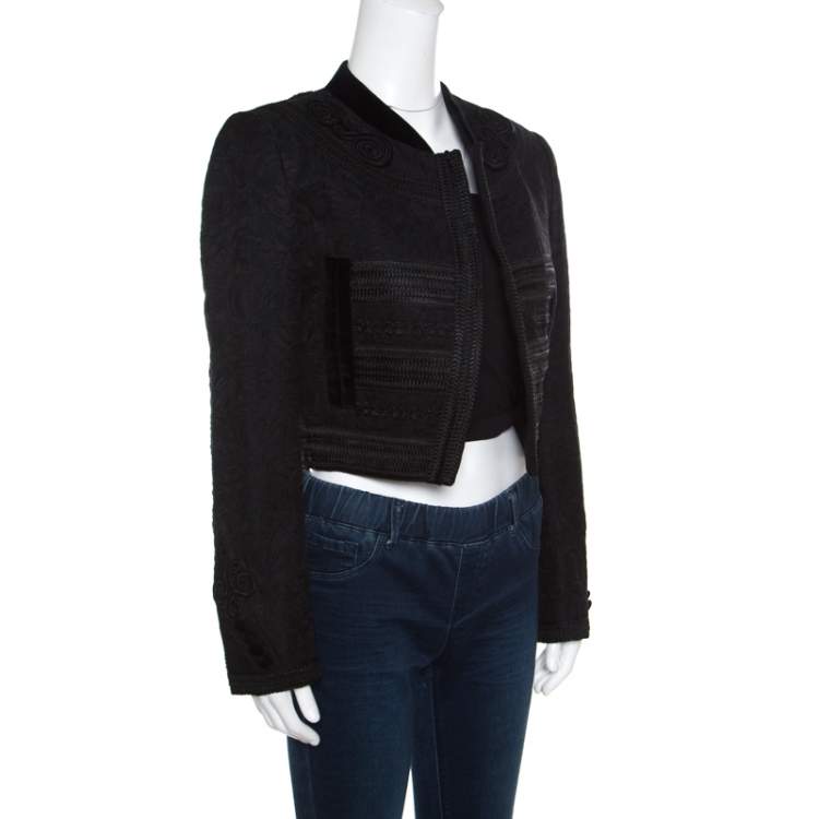 Pre Owned Dolce & Gabbana Black Jacquard Corded Applique Velvet Trim Cropped Jacket S