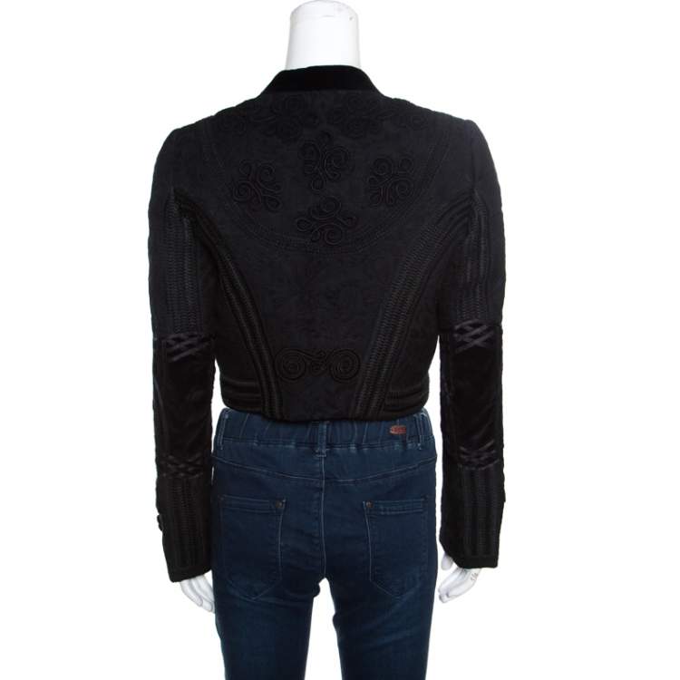 Pre Owned Dolce & Gabbana Black Jacquard Corded Applique Velvet Trim Cropped Jacket S