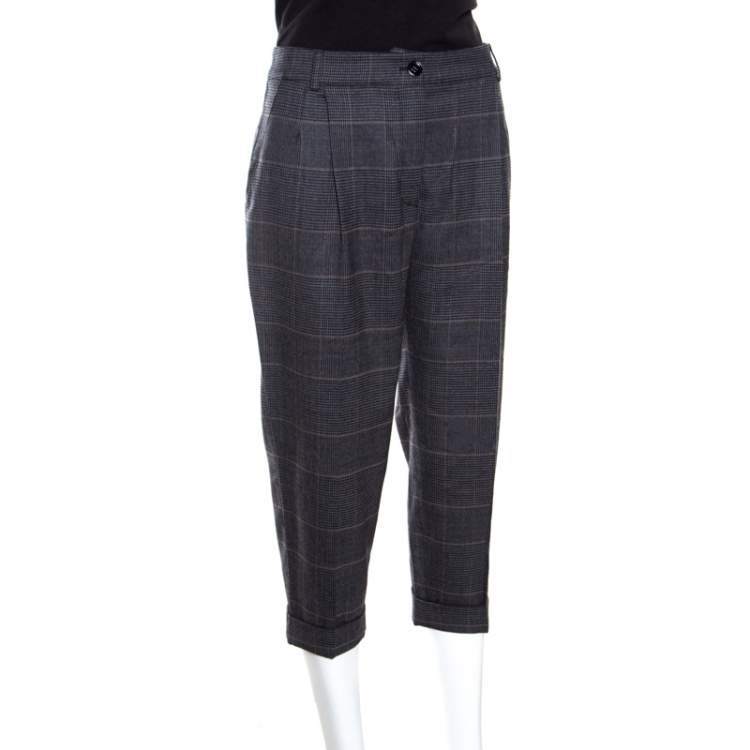 Pre Owned Dolce & Gabbana Grey Prince of Wales Checked Wool Cropped Trousers M