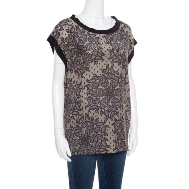 Pre Owned Dolce & Gabbana Beige and Black Lace Printed Silk Raw Edged Top M