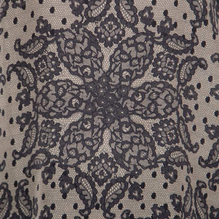 Pre Owned Dolce & Gabbana Beige and Black Lace Printed Silk Raw Edged Top M