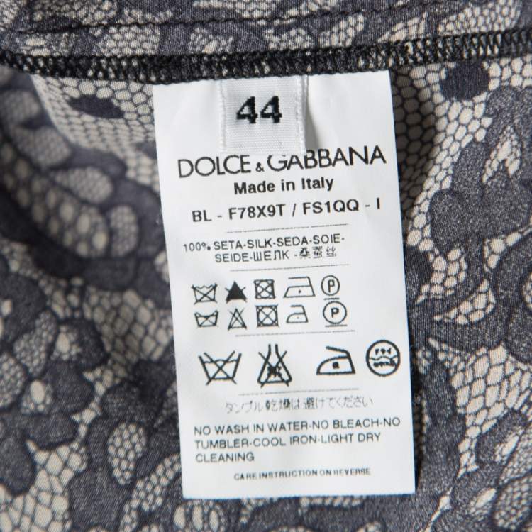 Pre Owned Dolce & Gabbana Beige and Black Lace Printed Silk Raw Edged Top M