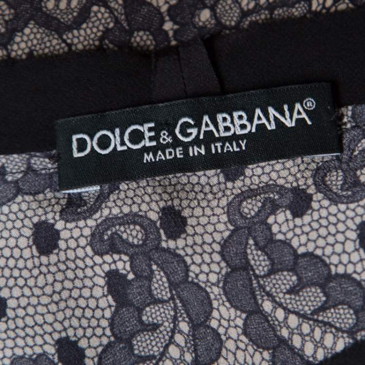 Pre Owned Dolce & Gabbana Beige and Black Lace Printed Silk Raw Edged Top M