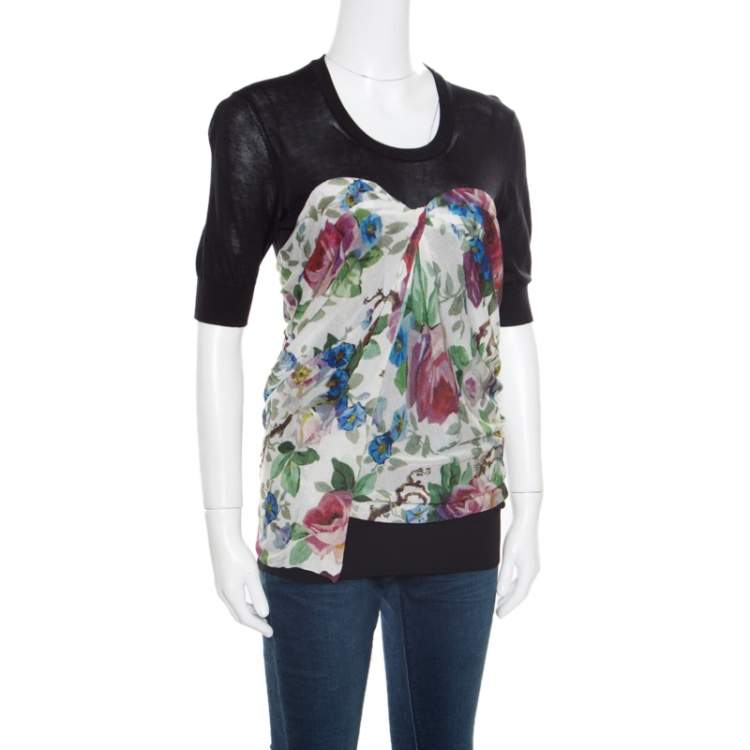 Pre Owned Dolce & Gabbana Black Floral Printed Drape Detail Short Sleeve top M