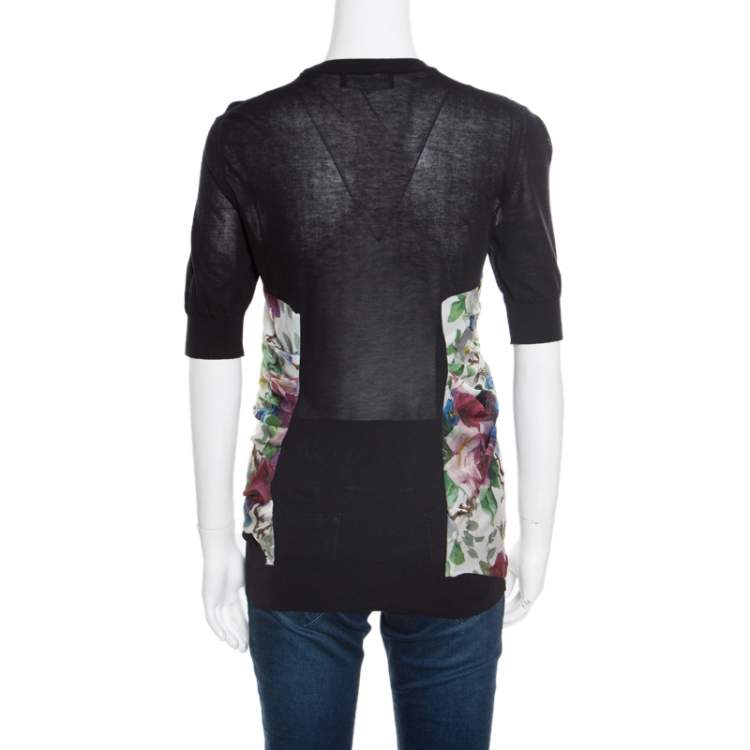 Pre Owned Dolce & Gabbana Black Floral Printed Drape Detail Short Sleeve top M