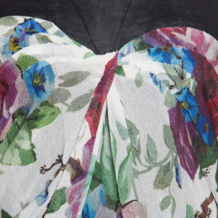 Pre Owned Dolce & Gabbana Black Floral Printed Drape Detail Short Sleeve top M