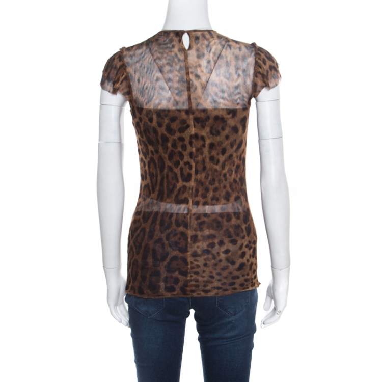 Pre Owned Dolce & Gabbana Brown Animal Printed Ruffled Sleeve Mesh Top S