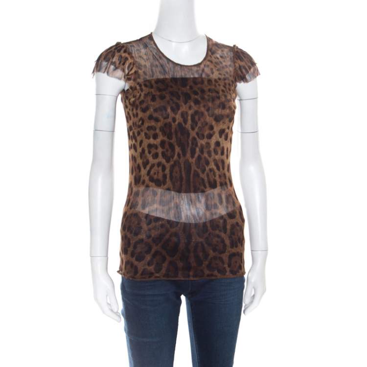 Pre Owned Dolce & Gabbana Brown Animal Printed Ruffled Sleeve Mesh Top S