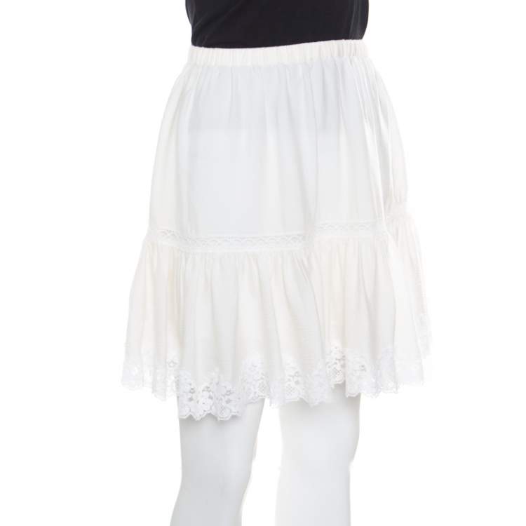 Pre Owned Dolce & Gabbana Cream Crinkled Cotton Silk Lace Insert Tiered Skirt M