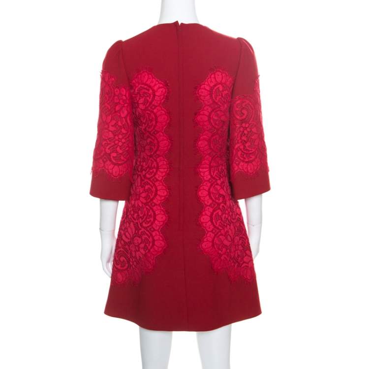 Pre Owned Dolce & Gabbana Red Floral Lace Applique Detail Fit and Flare Dress S