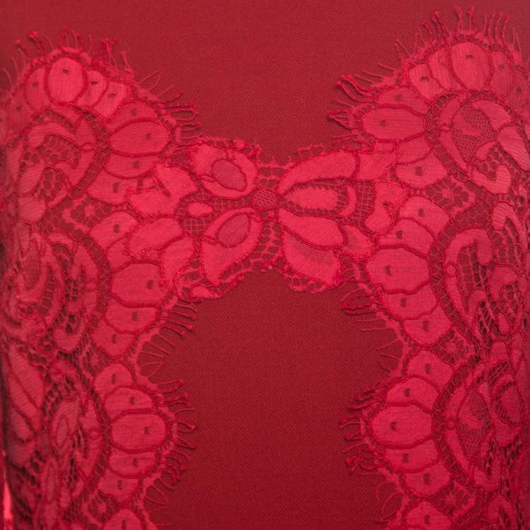 Pre Owned Dolce & Gabbana Red Floral Lace Applique Detail Fit and Flare Dress S