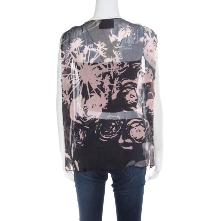 Pre Owned Dolce & Gabbana Black Floral Printed Sheer Silk Ruffled Applique Detail Sleeveless Top M