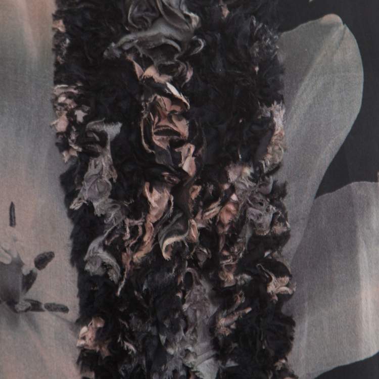 Pre Owned Dolce & Gabbana Black Floral Printed Sheer Silk Ruffled Applique Detail Sleeveless Top M
