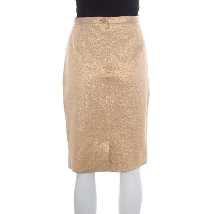 Pre Owned Dolce & Gabbana Matte Gold Cloque Knit Pencil Skirt M
