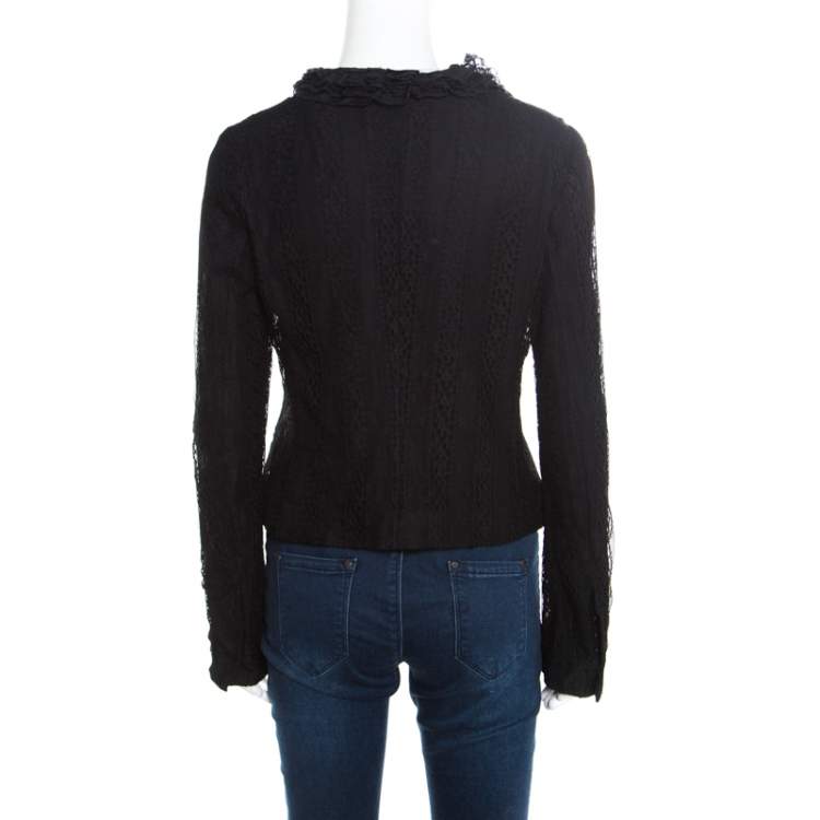 Pre Owned Dolce & Gabbana Black Striped Lace Ruffle Trim Button Front Jacket M