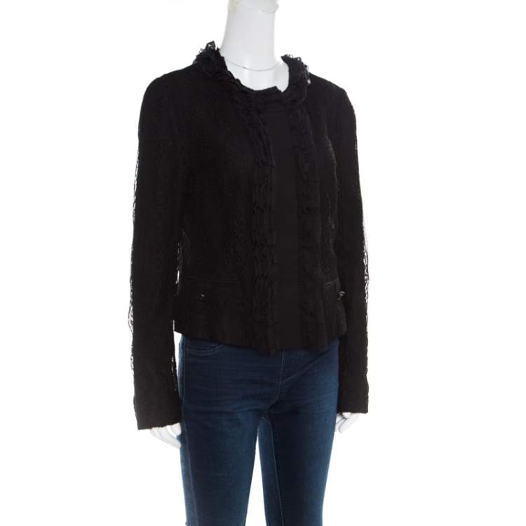 Pre Owned Dolce & Gabbana Black Striped Lace Ruffle Trim Button Front Jacket M