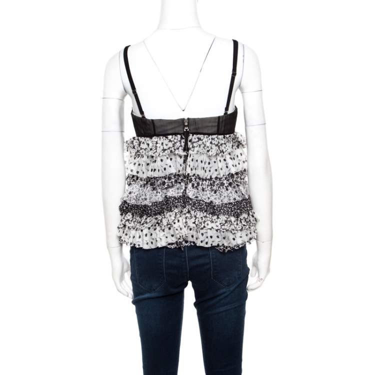 Pre Owned D&G Monochrome Floral Printed Silk Ruffle Layered Sleeveless Bustier Top M