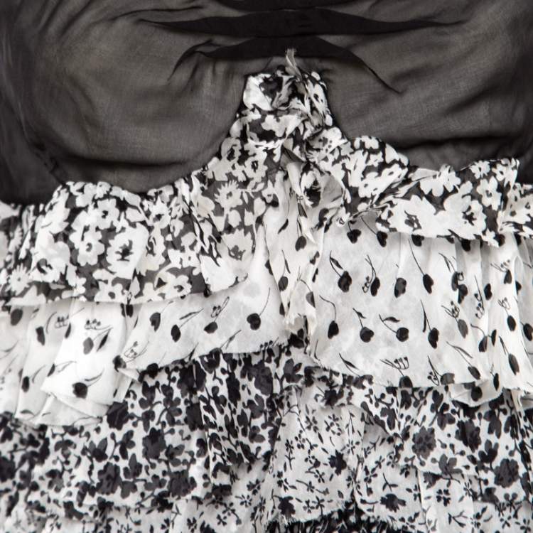 Pre Owned D&G Monochrome Floral Printed Silk Ruffle Layered Sleeveless Bustier Top M