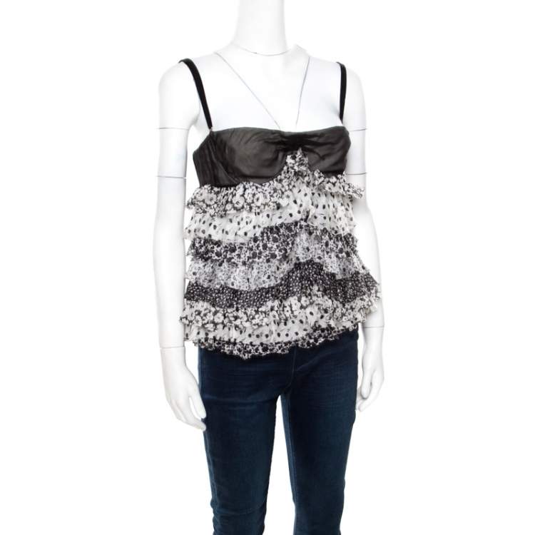 Pre Owned D&G Monochrome Floral Printed Silk Ruffle Layered Sleeveless Bustier Top M