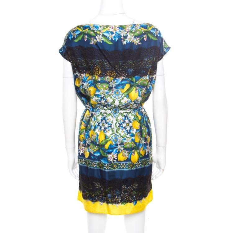 Pre Owned Dolce and Gabbana Lemon Mosaic Printed Silk Lace Trim Tunic Dress M
