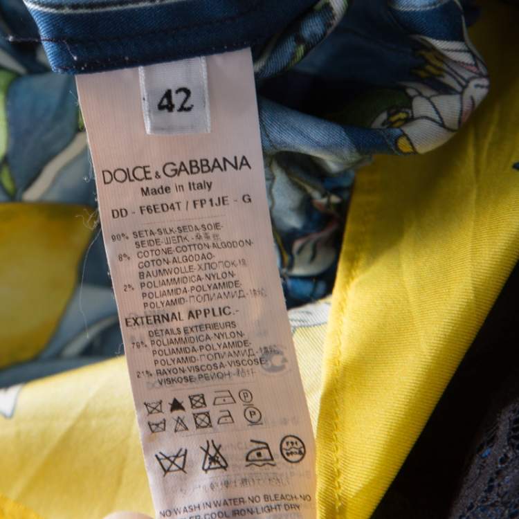 Pre Owned Dolce and Gabbana Lemon Mosaic Printed Silk Lace Trim Tunic Dress M