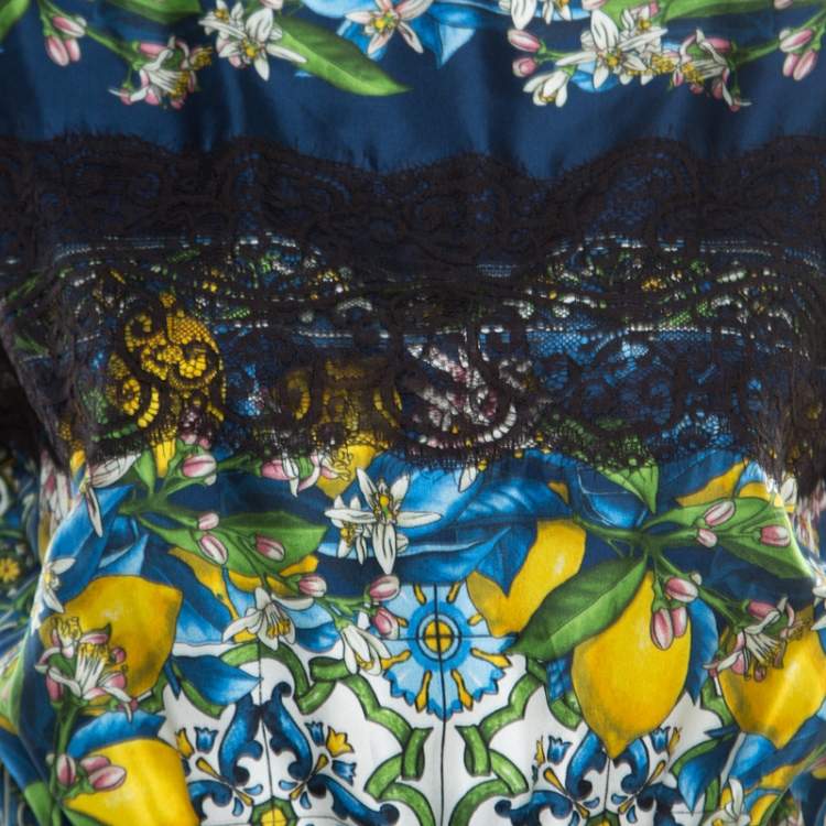 Pre Owned Dolce and Gabbana Lemon Mosaic Printed Silk Lace Trim Tunic Dress M