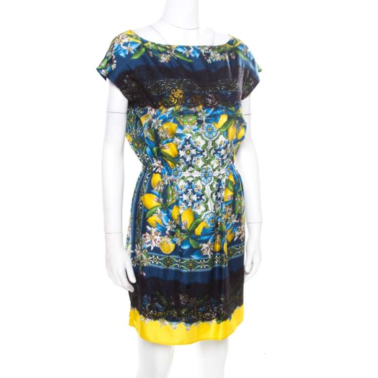 Pre Owned Dolce and Gabbana Lemon Mosaic Printed Silk Lace Trim Tunic Dress M